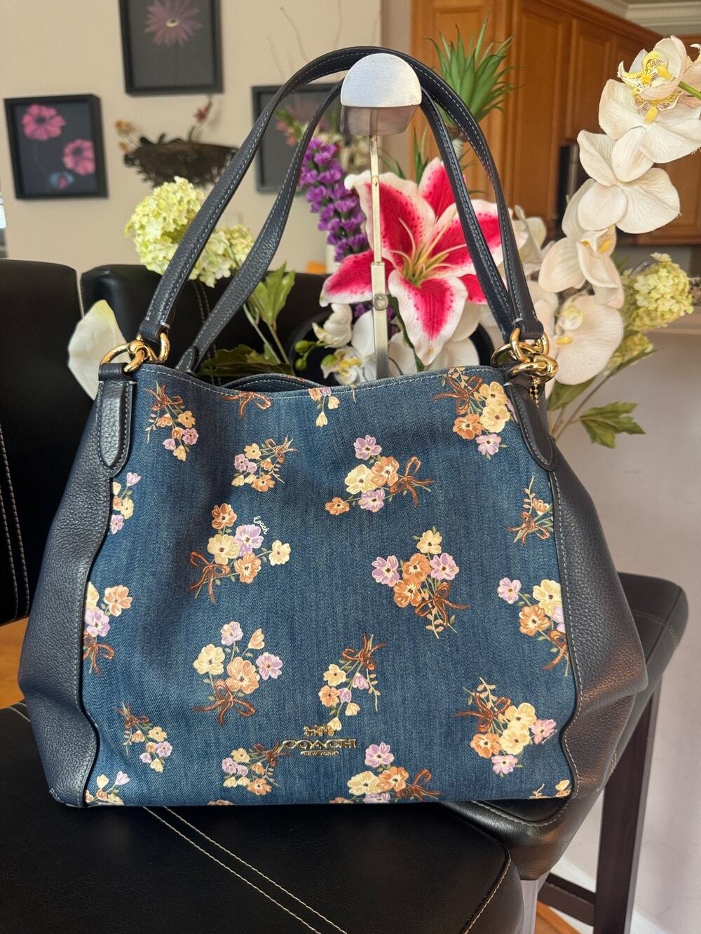 Coach Hallie Shoulder Bag Denim Floral Bouquet Print Navy Leather 91047